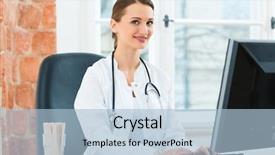  Presentation with female doctor - PPT theme with young female doctor sitting at a desk in front of window in clinic writing or reading on a computer or pc background and a light blue colored foreground