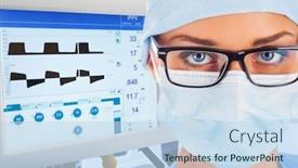  Presentation with ventilator - Amazing PPT theme having young-female-doctor-with-mechanical backdrop and a sky blue colored foreground