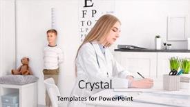  Presentation with young children - PPT theme enhanced with young female doctor writing down background and a light gray colored foreground