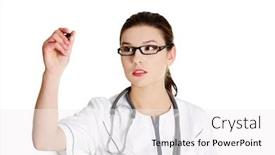  Presentation with writing pen - Slide deck having young female doctor with a pen writing on abstract screen isolated on white background background and a white colored foreground
