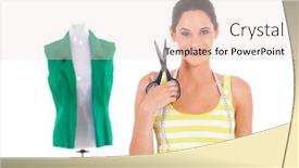  Presentation with tape measure - Presentation theme having young female dressmaker with scissors and tape measure background and a sky blue colored foreground