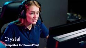  Presentation with addict - Audience pleasing PPT theme consisting of young-female-e-sport-addict backdrop and a navy blue colored foreground