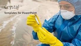  Presentation with dirty water - Beautiful presentation theme featuring young-female-ecologist-in-respirator backdrop and a lemonade colored foreground