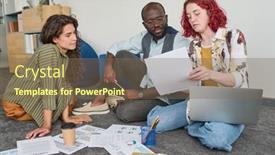  Presentation with data - PPT theme having young-female-economist-explaining-data background and a violet colored foreground