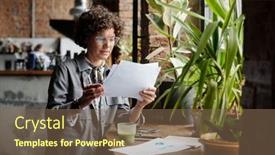  Presentation with female - PPT layouts enhanced with young-female-economist-in-casualwear background and a violet colored foreground