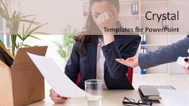  Presentation with employee - Audience pleasing slide deck consisting of young female employee being fired backdrop and a  colored foreground