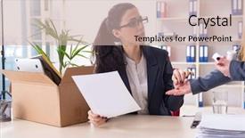  Presentation with employee - PPT theme featuring young female employee being fired background and a  colored foreground