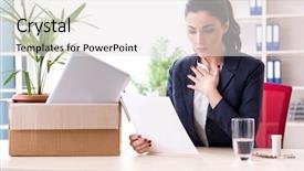  Presentation with employee - Beautiful slide deck featuring young female employee being fired backdrop and a white colored foreground