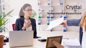  Presentation with employee - Audience pleasing PPT theme consisting of young female employee being fired backdrop and a  colored foreground