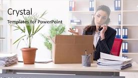  Presentation with employee - PPT theme enhanced with young female employee being fired background and a white colored foreground