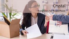  Presentation with employee - Audience pleasing slide set consisting of young female employee being fired backdrop and a coral colored foreground