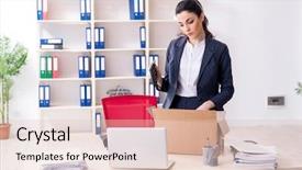  Presentation with employee - Beautiful presentation design featuring young female employee being fired backdrop and a lemonade colored foreground