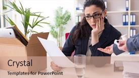  Presentation with employee - Colorful presentation design enhanced with young female employee being fired backdrop and a coral colored foreground