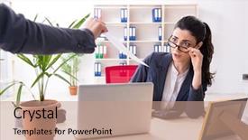 Presentation with employee - PPT theme having young female employee being fired background and a coral colored foreground