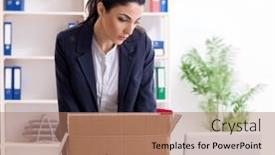  Presentation with employee - Presentation theme featuring young-female-employee-being-fired background and a coral colored foreground