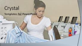  Presentation with ironing - Presentation theme consisting of young female employee ironing clothes background and a  colored foreground