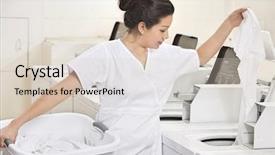  Presentation with clothes washing machine - Slide deck with young female employee putting clothes background and a lemonade colored foreground