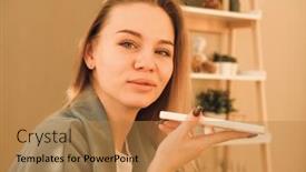  Presentation with voice assistant - PPT layouts featuring young-female-employee-sit background and a gold colored foreground