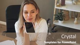  Presentation with voice assistant - PPT layouts featuring young-female-employee-sit background and a coral colored foreground