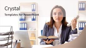  Presentation with unhappy - PPT theme having young female employee unhappy background and a sky blue colored foreground