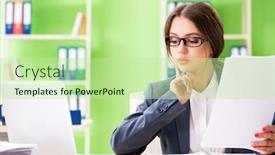 Presentation with paperwork - Slide set featuring young female employee very busy with ongoing paperwork background and a mint green colored foreground