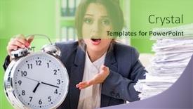  Presentation with paperwork - PPT theme enhanced with young-female-employee-very-busy background and a mint green colored foreground