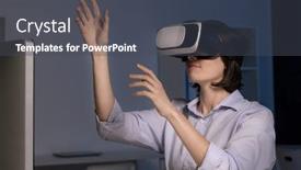  Presentation with virtual memory in cloud computing - Cool new PPT theme with young-female-employee-with-vr backdrop and a dark gray colored foreground