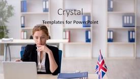  Presentation with employee - Presentation theme with young-female-employee-working background and a light gray colored foreground