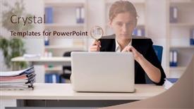  Presentation with employee - Theme featuring young-female-employee-working background and a coral colored foreground