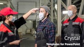  Presentation with body temperature - Theme featuring young-female-engineer-or-medical background and a dark gray colored foreground