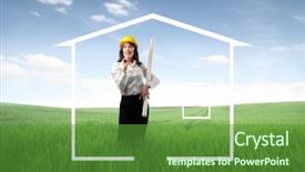  Presentation with green house - PPT theme consisting of young female engineer standing on a green meadow and surrounded by the form of a house background and a tawny brown colored foreground