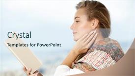  Presentation with novel - Presentation theme having young female enjoying good novel background and a sky blue colored foreground
