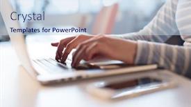  Presentation with coworking - Audience pleasing PPT layouts consisting of young female entrepreneur freelancer working using a laptop in coworking space backdrop and a sky blue colored foreground