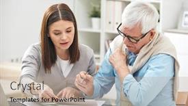  Presentation with points - Presentation theme having young-female-explaining-her-senior background and a coral colored foreground