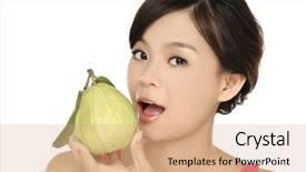  Presentation with guava - Presentation design enhanced with young female face with guava background and a coral colored foreground