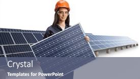  Presentation with photovoltaic - PPT layouts with young-female-factory-worker-holding background and a ocean colored foreground