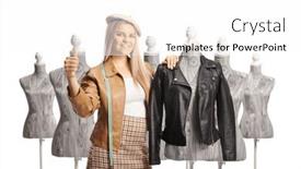  Presentation with mannequin - PPT theme enhanced with young-female-fashion-designer-leaning background and a white colored foreground