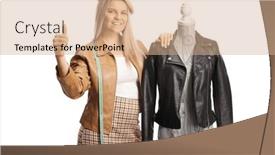  Presentation with mannequin - PPT theme featuring young-female-fashion-designer-leaning background and a coral colored foreground