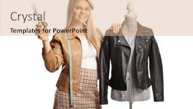  Presentation with mannequin - PPT layouts having young-female-fashion-designer-leaning background and a coral colored foreground