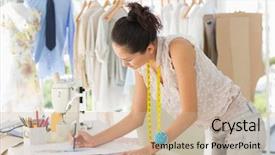  Presentation with designs - Slide set featuring young female fashion designer background and a soft green colored foreground