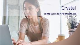  Presentation with information - Slide deck featuring young female florist bending background and a sky blue colored foreground