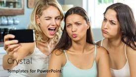  Presentation with smart home - Amazing PPT layouts having young female friends making faces while taking selfie on smart phone at home backdrop and a coral colored foreground