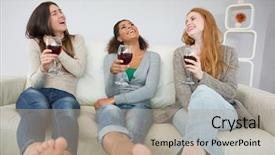  Presentation with friends eating and drinking wine - Beautiful presentation design featuring young female friends with wine backdrop and a mint green colored foreground