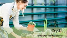  Presentation with cute - Slide set consisting of young female gardener taking care background and a mint green colored foreground