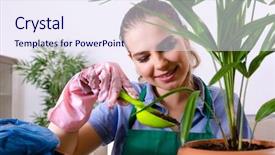  Presentation with plants - Presentation theme with young female gardener with plants background and a sky blue colored foreground