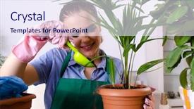  Presentation with worried young female college student - Presentation theme with young female gardener with plants background and a sky blue colored foreground