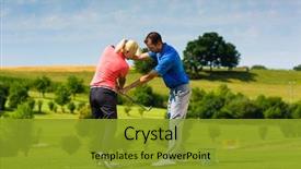  Presentation with golf driving range - Beautiful PPT theme featuring young female golf player backdrop and a gold colored foreground