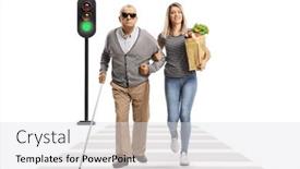  Presentation with helping man - PPT theme having young-female-helping-an-elderly background and a light gray colored foreground