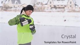  Presentation with green lake - PPT layouts featuring young-female-hiker-in-green background and a light gray colored foreground