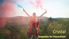  Presentation with signal - Amazing PPT layouts having young-female-hiker-sending-colorful backdrop and a tawny brown colored foreground